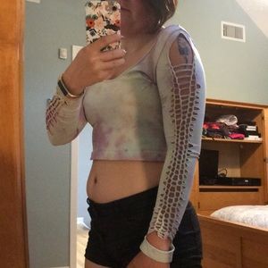 Tie dye long sleeved crop top with cut out detail